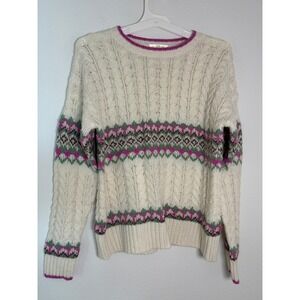 Sugar Moon Cream Cable Knit Fair Isle Sweater Pink Green Medium Crew Neck
